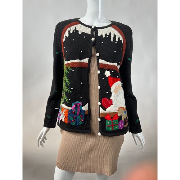 Hampshire Studio Christmas Holiday Cardigan Sm Blk Santa 55% Ramie, 45% Cotton - Picture 14 of 16
